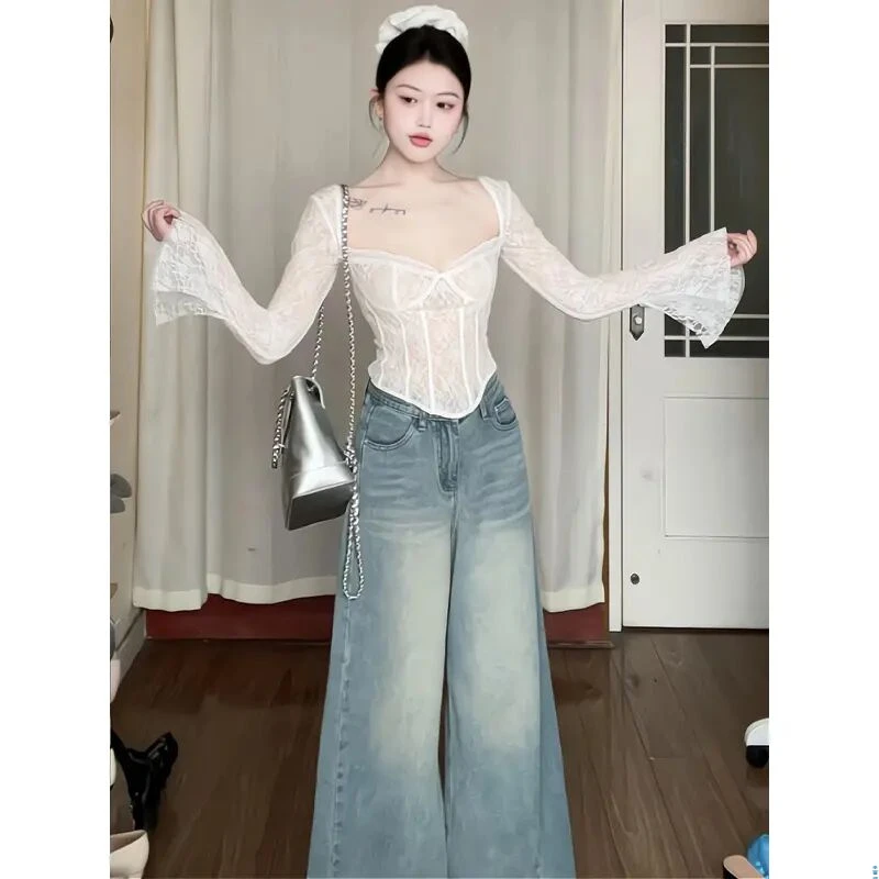 纯欲性感甜美辣妹长袖蕾丝衫T恤打底衫上衣高腰阔腿牛仔裤拖地裤