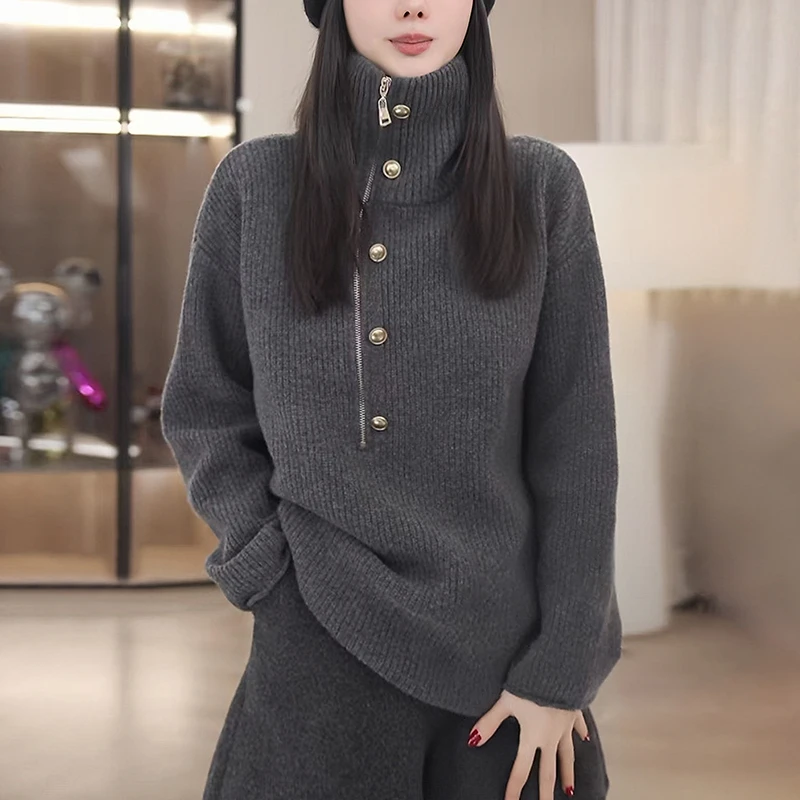 灰色高领半拉链毛衣女秋冬慵懒高级感宽松显瘦重工加厚针织衫上衣