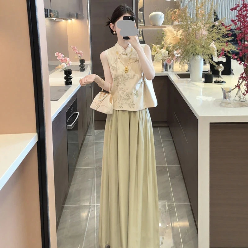 新中式国风套装女立领盘扣刺绣上秋日穿搭秋日穿搭新中式国风套装