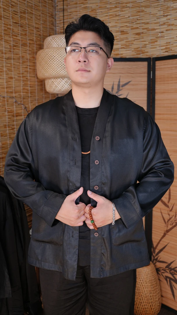 【云溪锦】100%桑蚕丝双面双穿香云纱小重缎秋季男装真丝男士衬衫