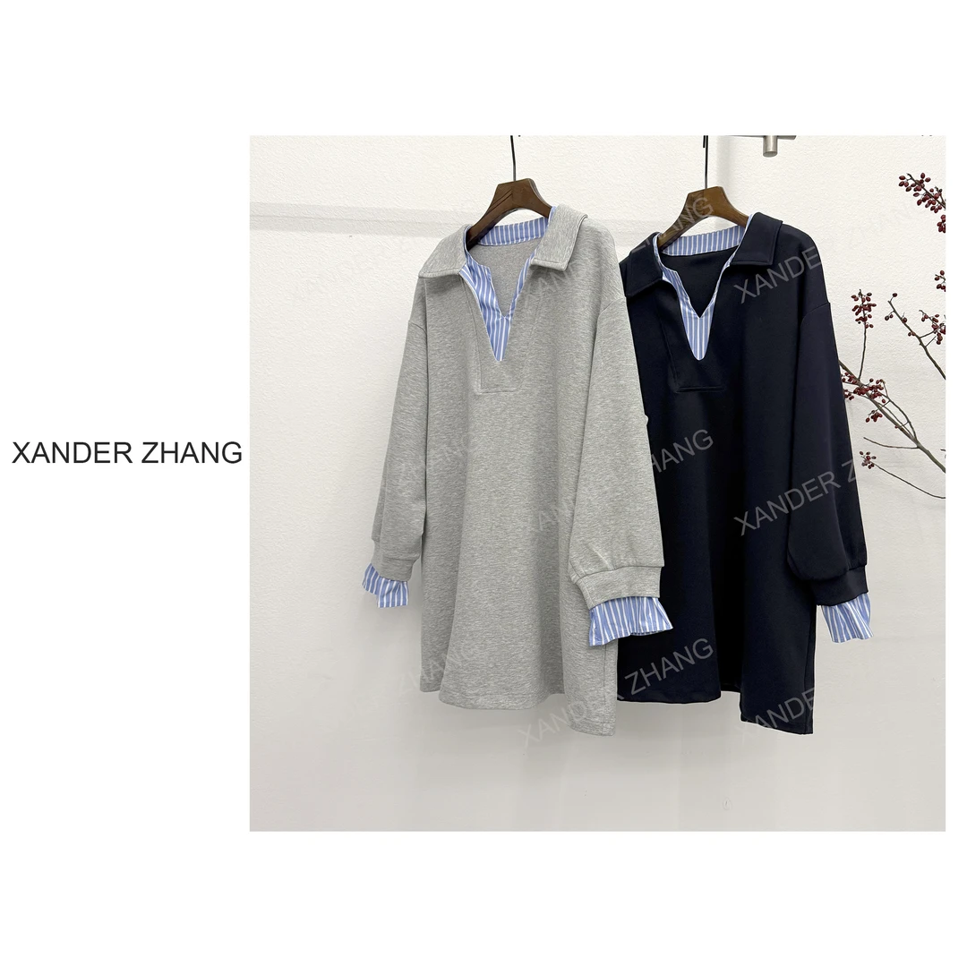 山大张极简风拼条纹V领卫衣连衣裙YBDS1J158巨显瘦百搭假两件