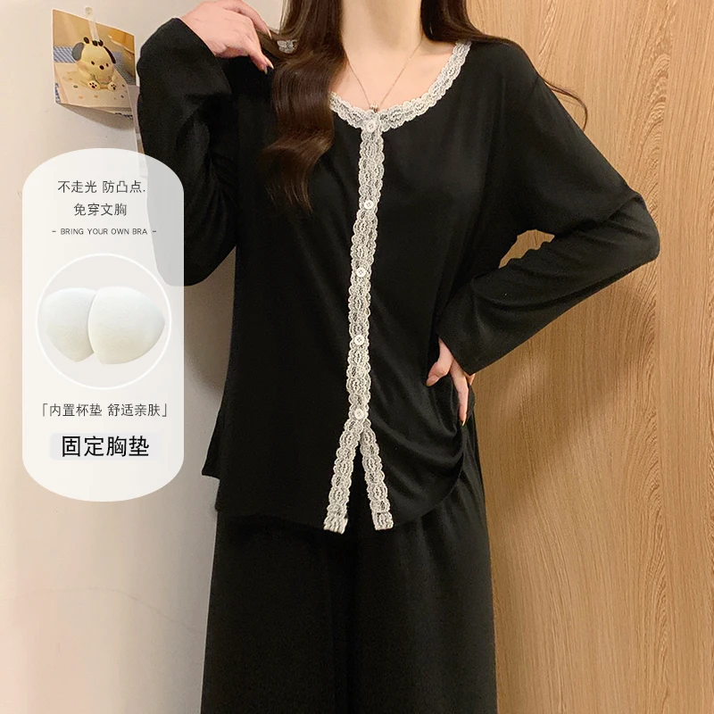 长袖睡衣女款春秋季莫代尔棉夏慵懒风带胸垫防凸点黑色家居服套装