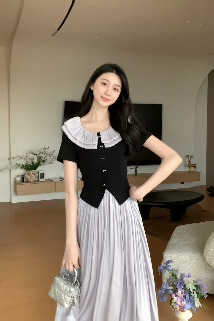 鹿向南「闲日欢歌」显瘦百搭荷叶边设计感时尚气质法式连衣裙J09207