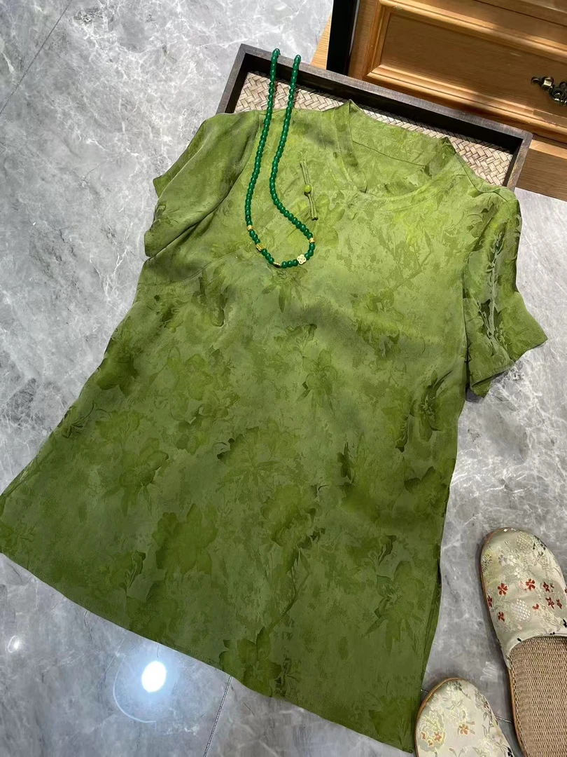 谢美丽-精选静面绿底中长款气质上衣衬衫新中式