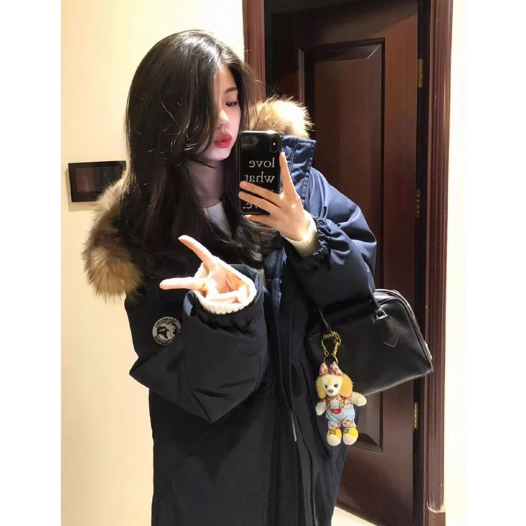 爆款冬季大毛领宽松派克服冬装藏蓝色工装棉服女加厚情侣外套女