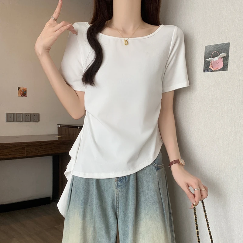 大码女装夏季新款设计感荷叶边收腰短袖t恤微胖mm显瘦遮肚子上衣