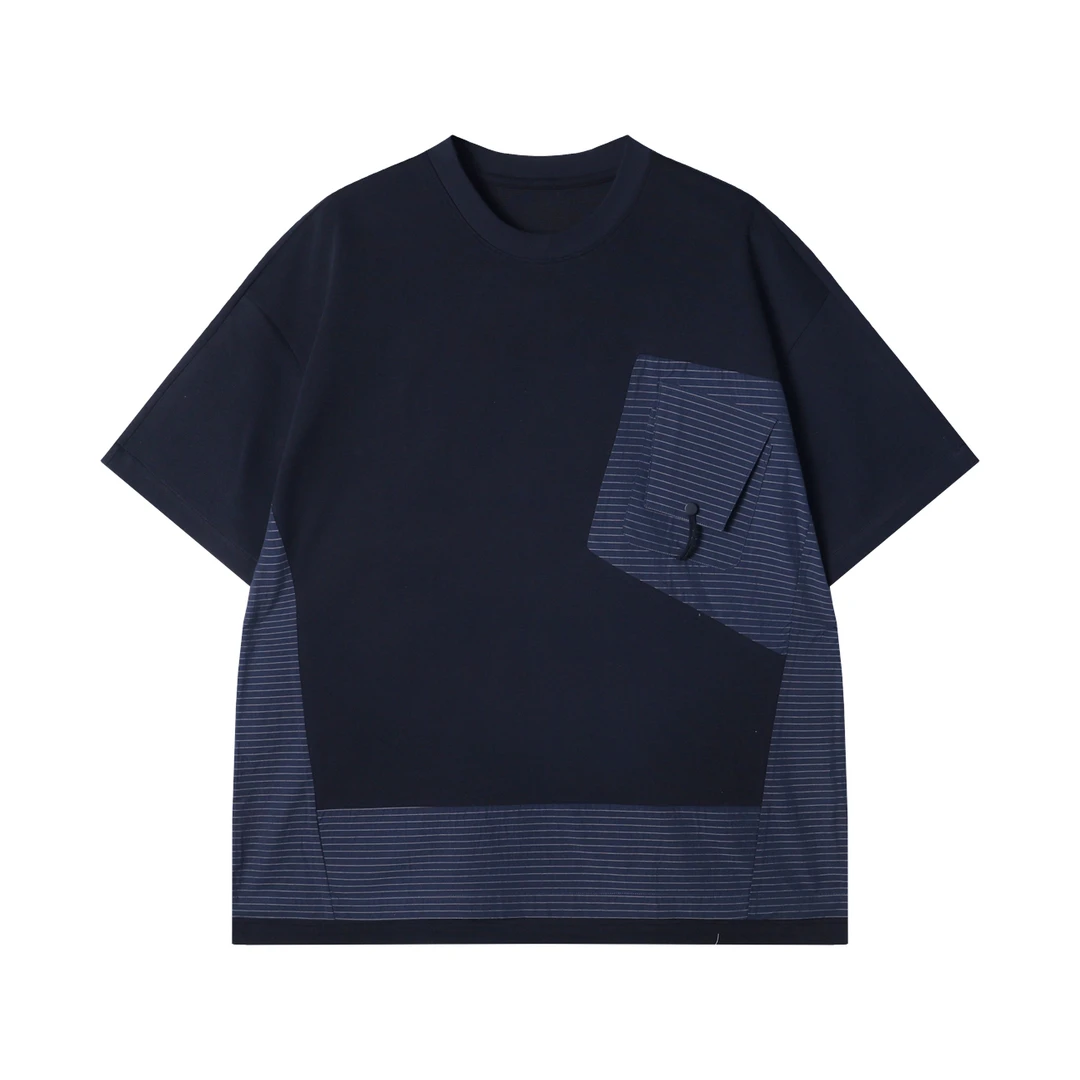 夏季高级感新款韩版时尚条纹贴布口袋拼接设计个性文艺休闲短袖