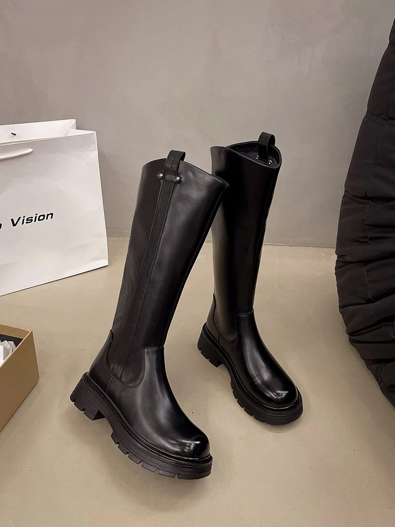 欧陌厚底增高骑士靴女2024冬季新款加绒百搭长筒靴圆头中筒靴