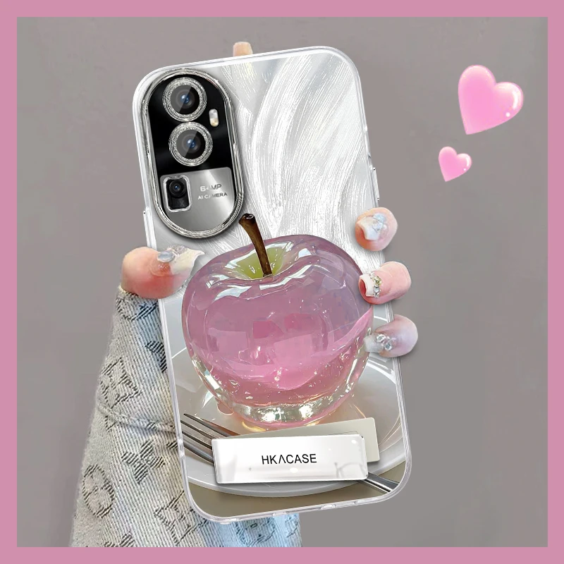 适用opporeno10精孔羽纱晶莹粉苹果网红个性创意支架全包手机壳女