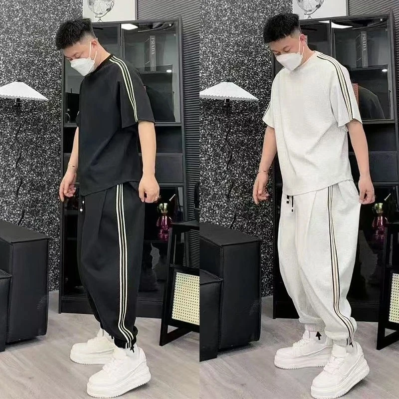 春夏新款拼接条纹短袖哈伦束脚裤两件套男士时尚宽松休闲运动套装