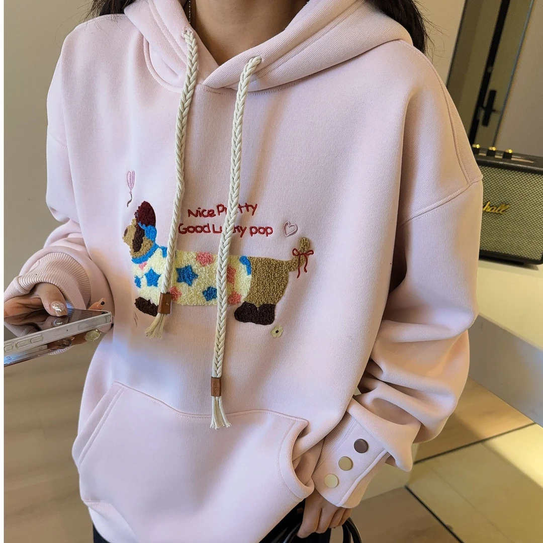 24114新款百搭高质量重磅洋气宽松可爱小狗慵懒风连帽长袖卫衣