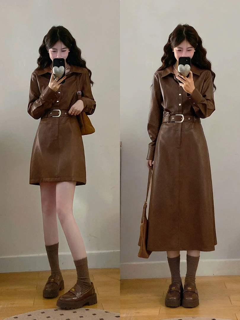 大码女装布鲁克林棕咖色皮衣连衣裙胖MM藏肉显瘦收腰皮裙女3518