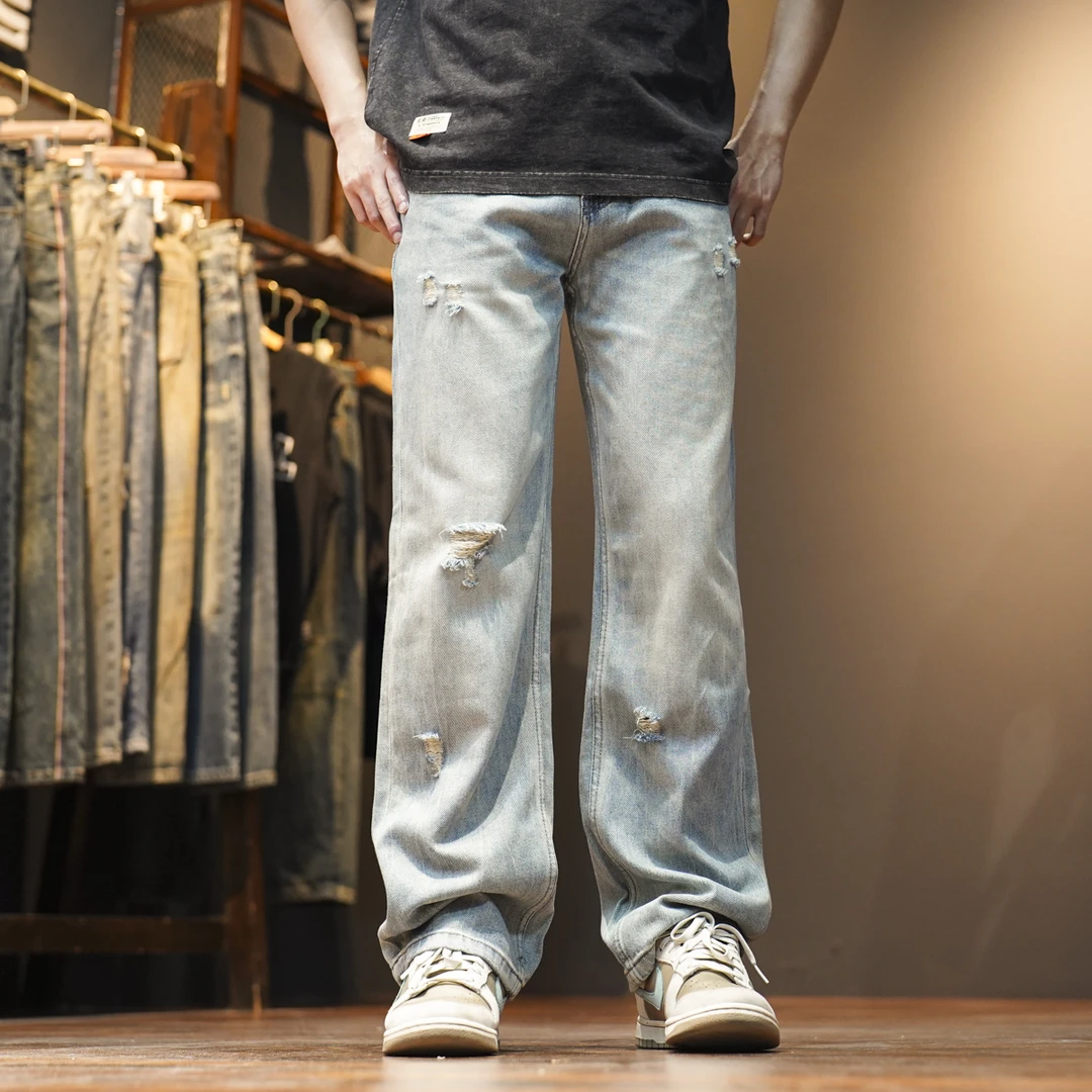8006浅色夏季薄款潮牌宽松美式高街水洗复古破洞休闲直筒牛仔裤