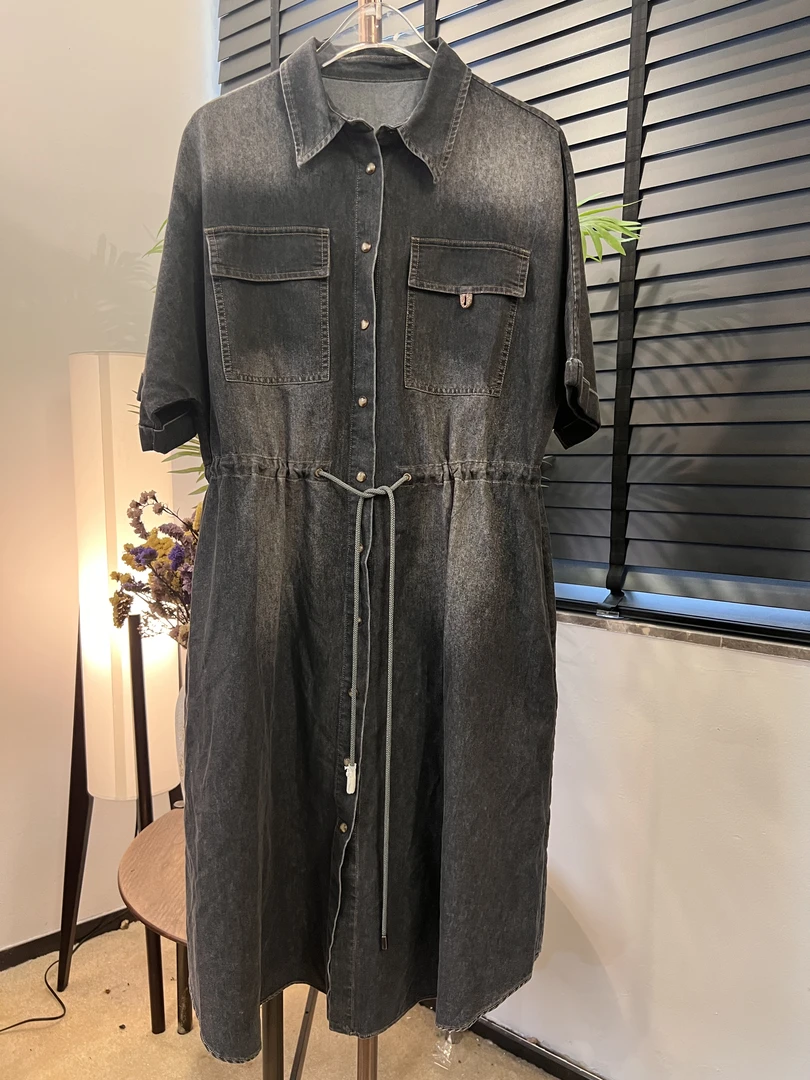 BC款中长裙衬衫式纯色套头圆领连衣裙宽松女装收腰设计师中长款