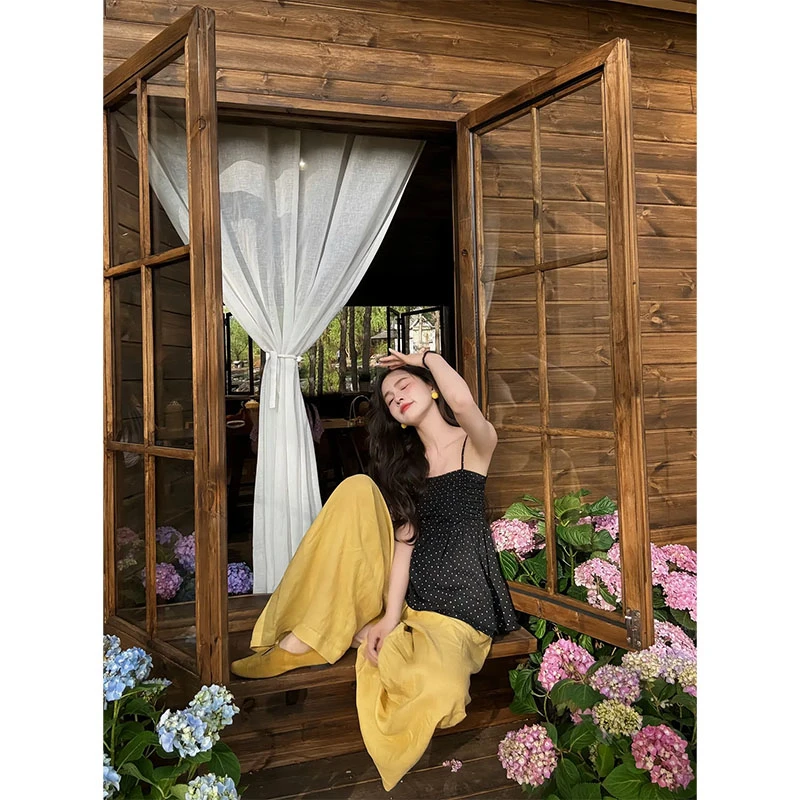 夏季新款休闲百搭时尚小众设计感波点吊带上衣高腰显瘦宽松直筒裤