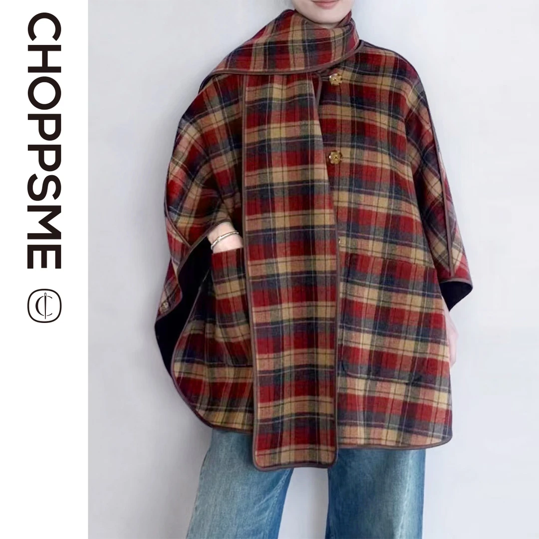 巧珀思｜外套双面穿可拆卸围巾双面呢羊毛斗篷侧摆扣袢格子披风