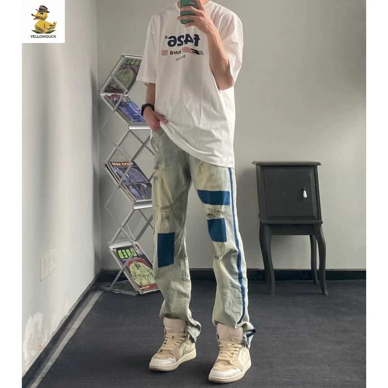 小众拼色弹力牛仔裤直筒美式男水洗做旧乞丐裤子黄泥染复古高街潮
