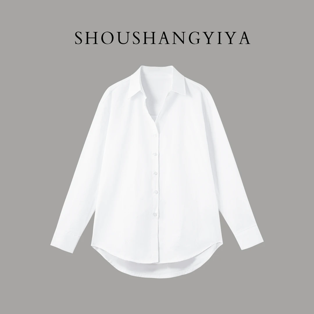 气质小众休闲春季对襟衬衫上衣长袖常规款纯色百搭内搭韩版白衬衫