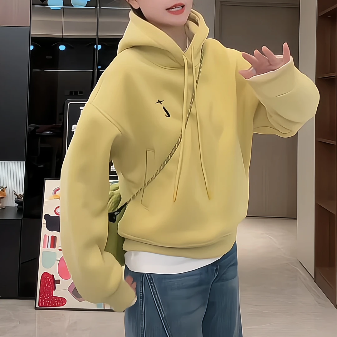 韩系加绒连帽抽绳卫衣女2025年秋冬新款时尚百搭休闲显瘦宽松上衣