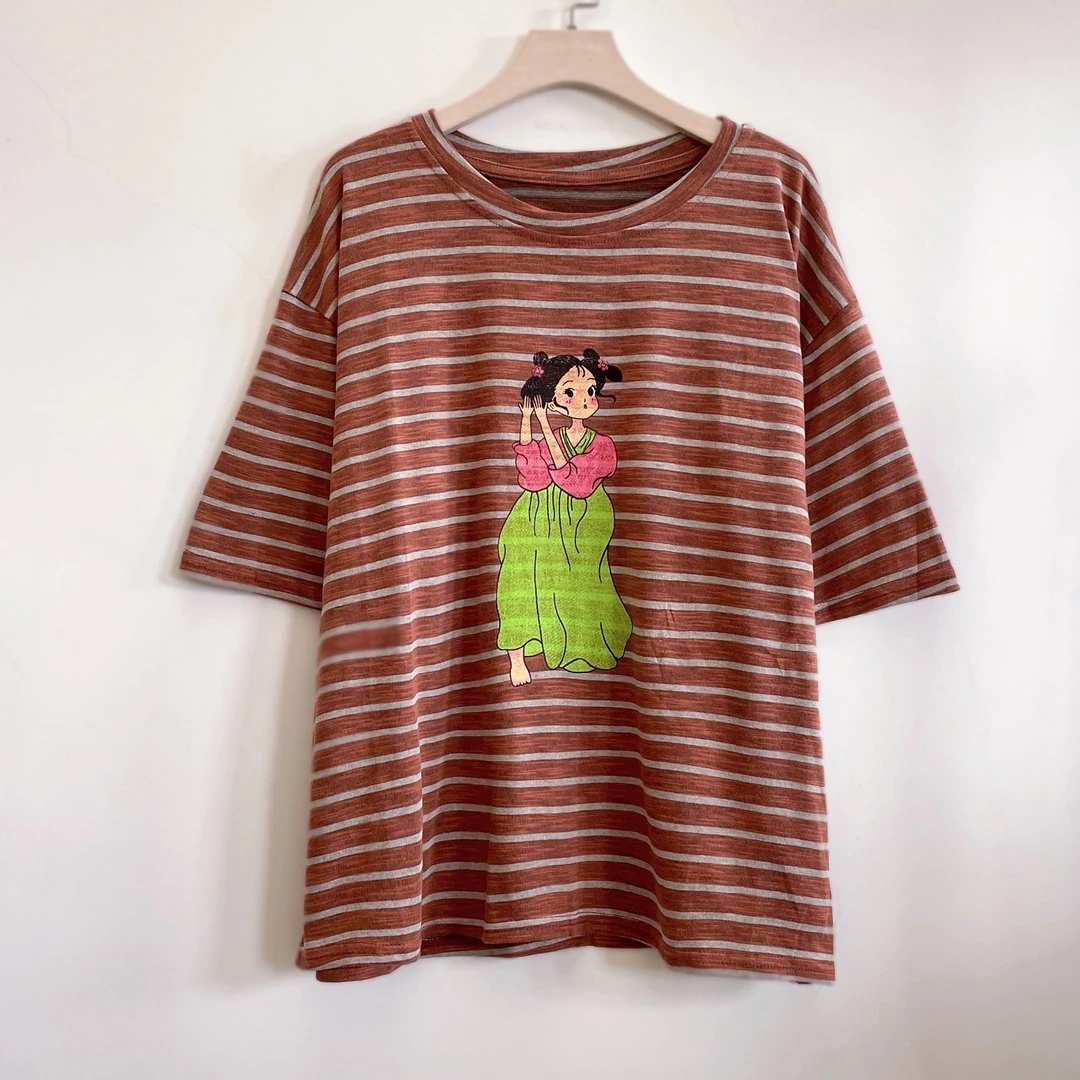 年轻中年妈妈装夏季大码条纹显瘦休闲短袖棉T恤2025新款YX105621