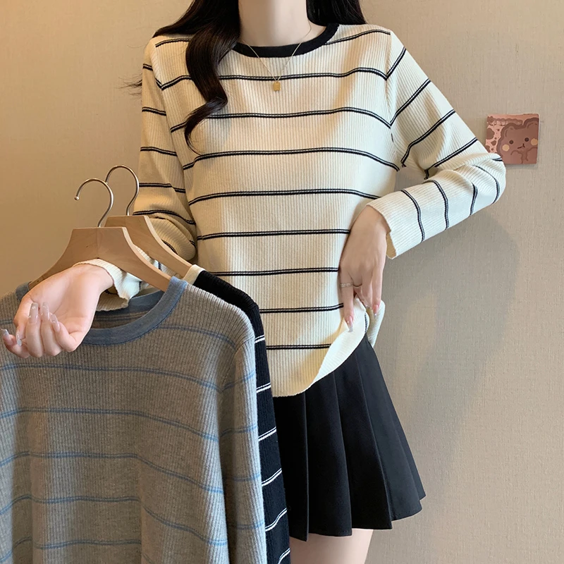 3350大码女装2024秋装新款时尚针织衫上衣胖妹妹条纹毛衣打底衫女