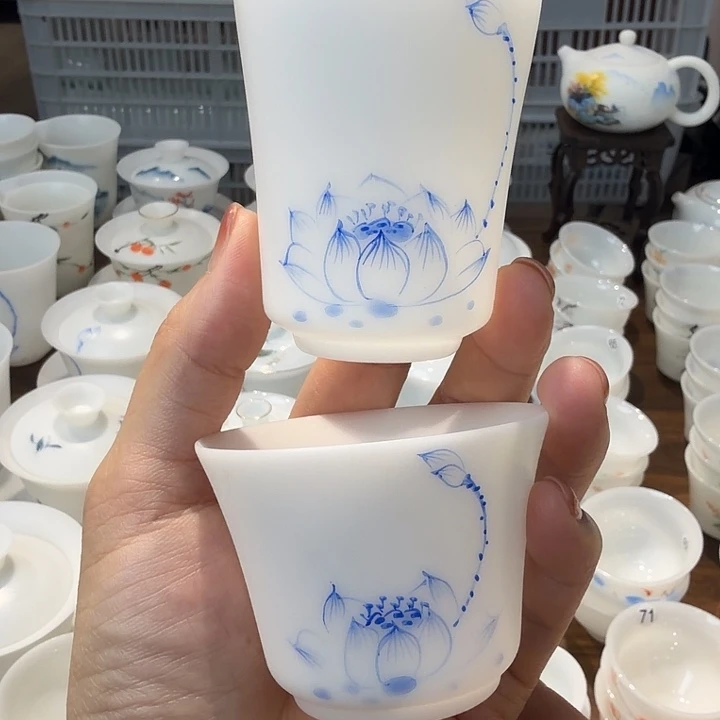 素烧冰种手绘荷花客杯➕一个主人杯