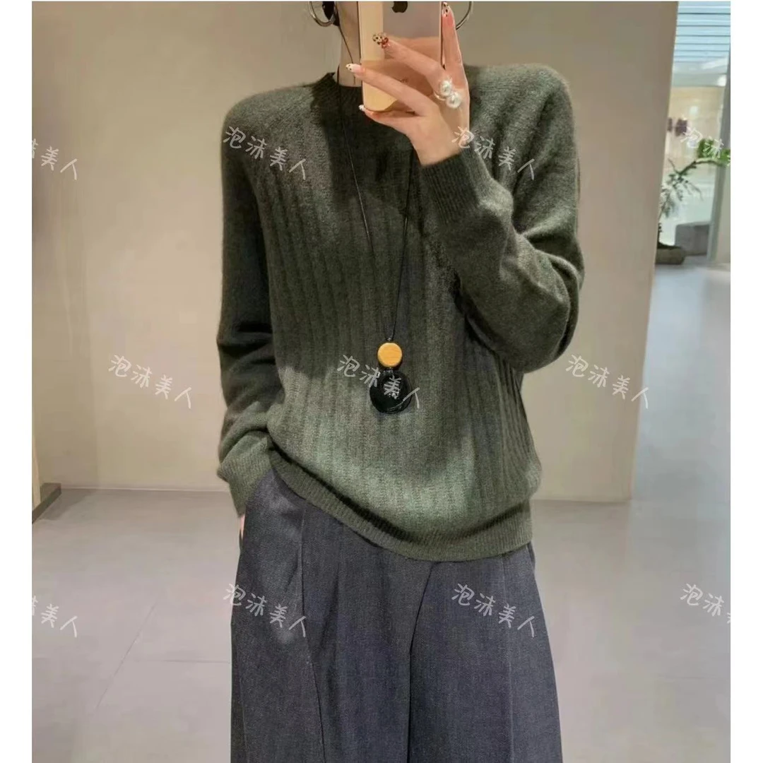 墨绿花纱」柔软百搭！坑条花纹圆领插肩显瘦针织套头女上衣