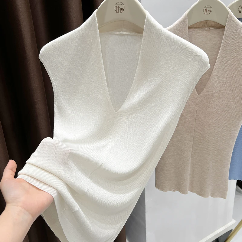 白色爆款针织T恤打底衫女2025夏季新款无袖气质V领设计感修身上衣