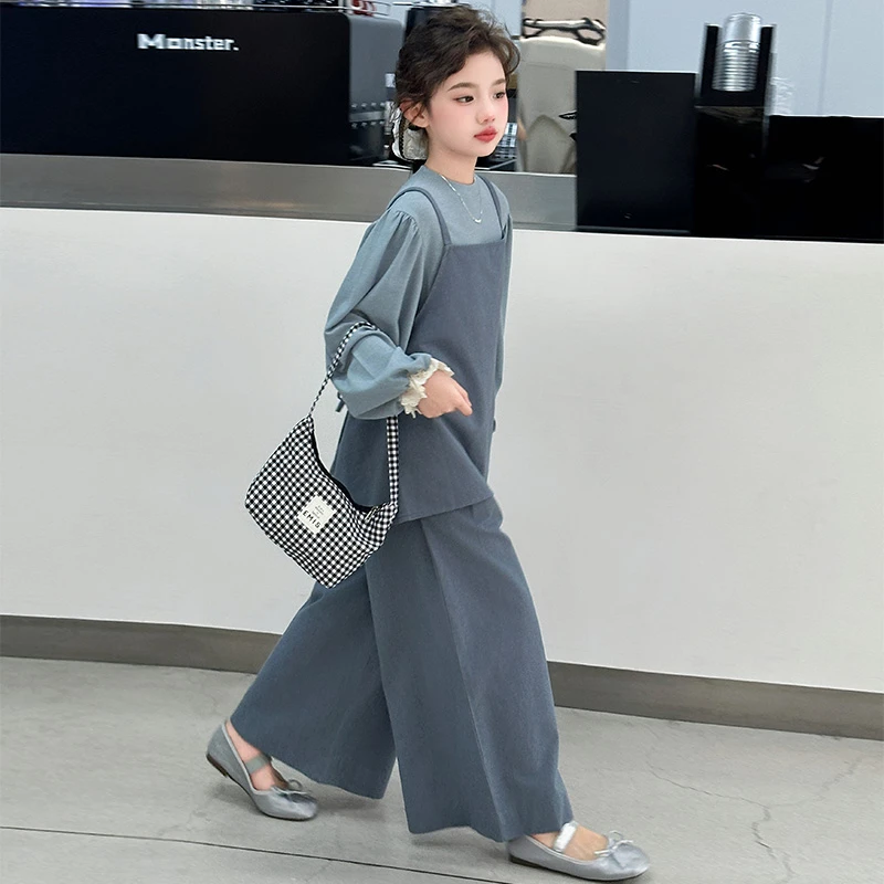 2025春季新款女童时尚洋气长袖阔腿裤套装中大童韩版吊带三件套潮