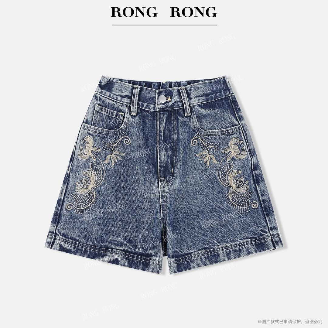 溶溶【古韵流光】RONGRONG棉混纺高定国风民族工艺刺绣牛仔短裤L363