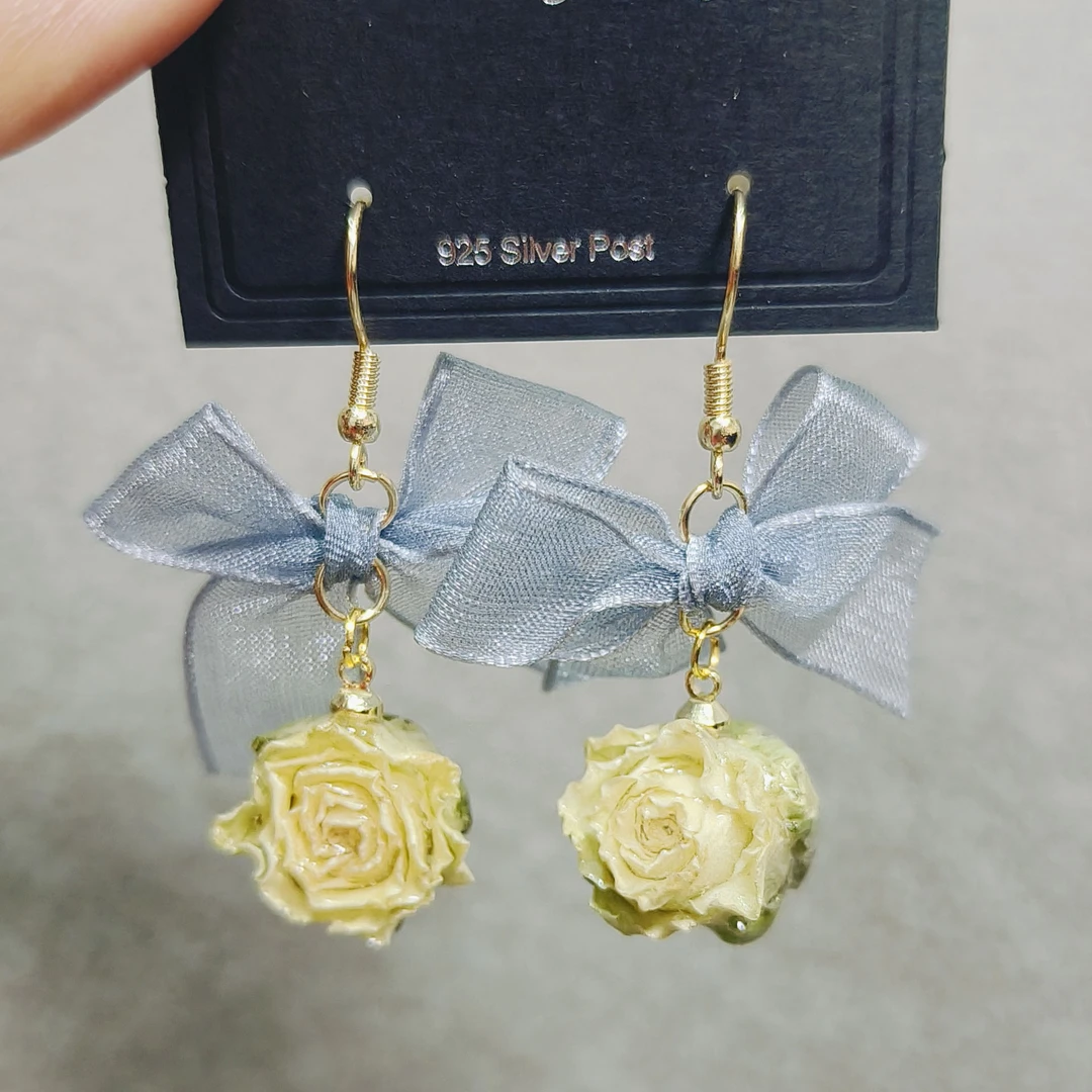 165鲜花手工制作独家diy真花玫瑰干花胶花耳钩耳钉耳饰