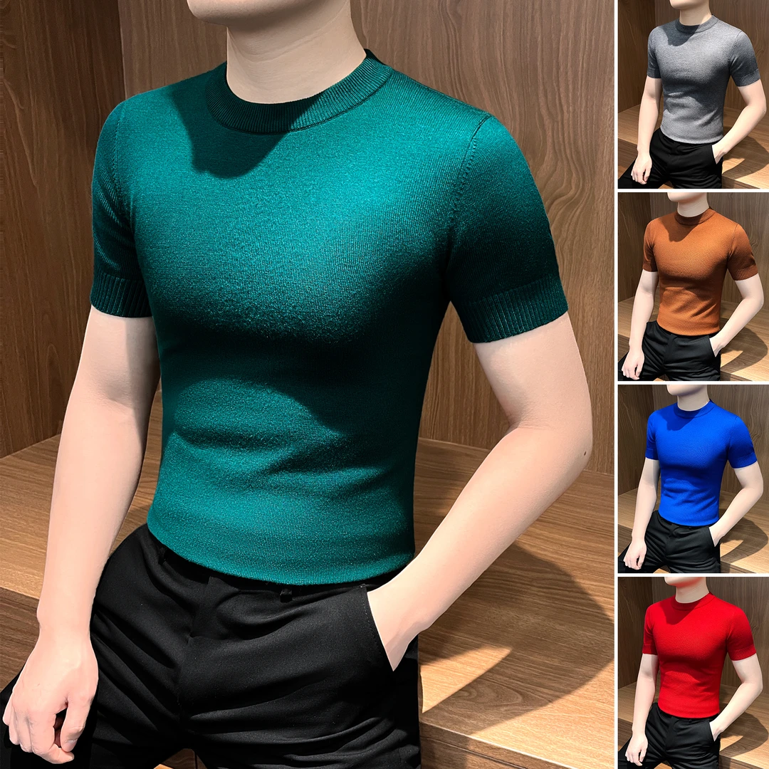圆领针织短袖t恤男款网红洋气炸街男装高级感纯色弹力男士打底衫