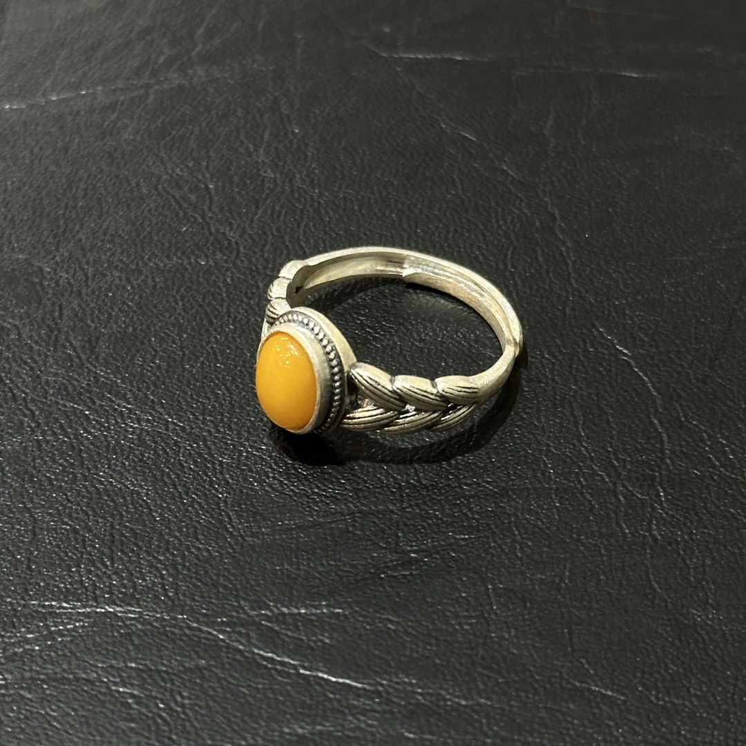925银铅玻璃戒指 时尚大气黄色蜡蜡石头蛋面戒指 开口 A2928