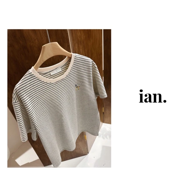 【ian】春夏新款刺绣小狗条纹T恤圆领宽松直筒短袖上衣