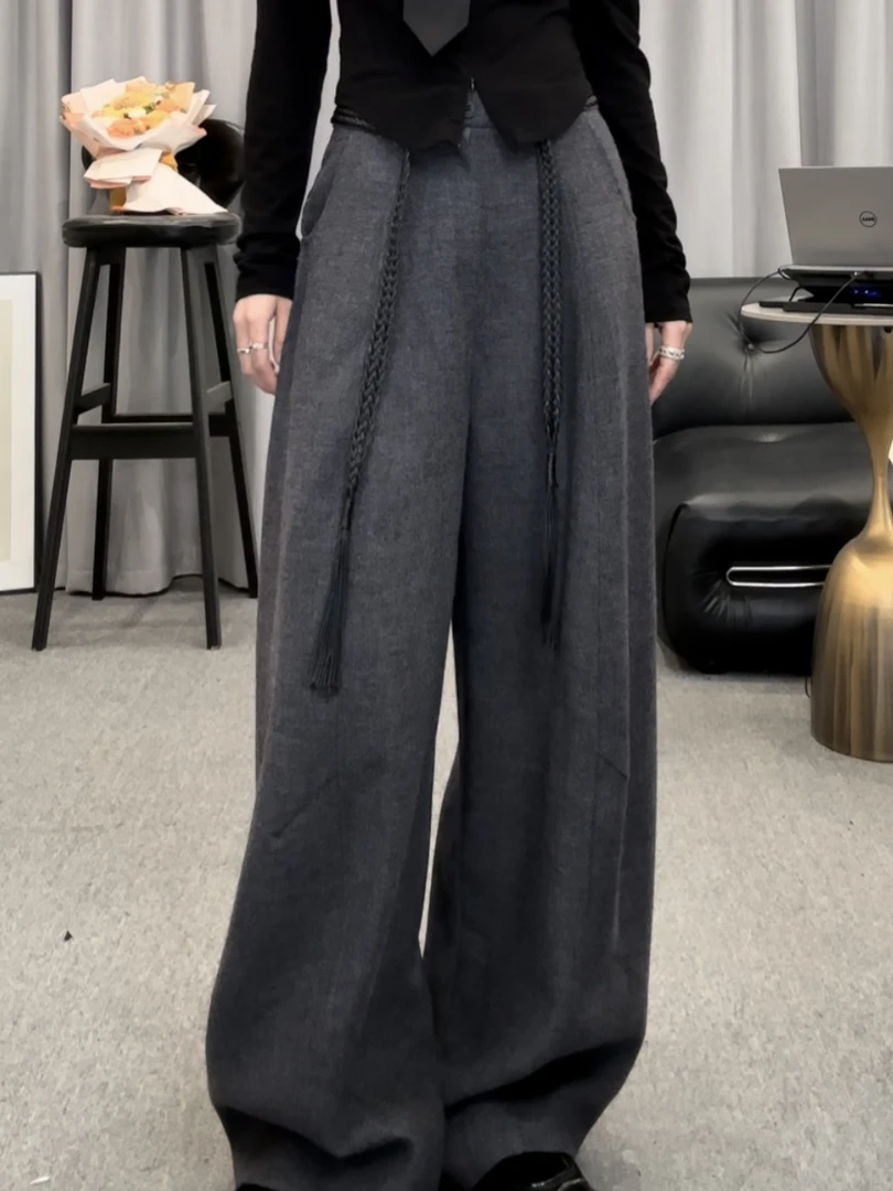 D5923慵懒风高腰软糯毛呢弯刀裤女士秋冬新款垂感百搭气球阔腿裤