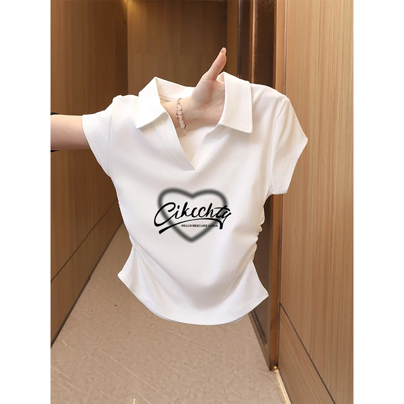 白色POLO领短袖t恤女2025年新款夏季甜辣修身显瘦短款洋气上衣女