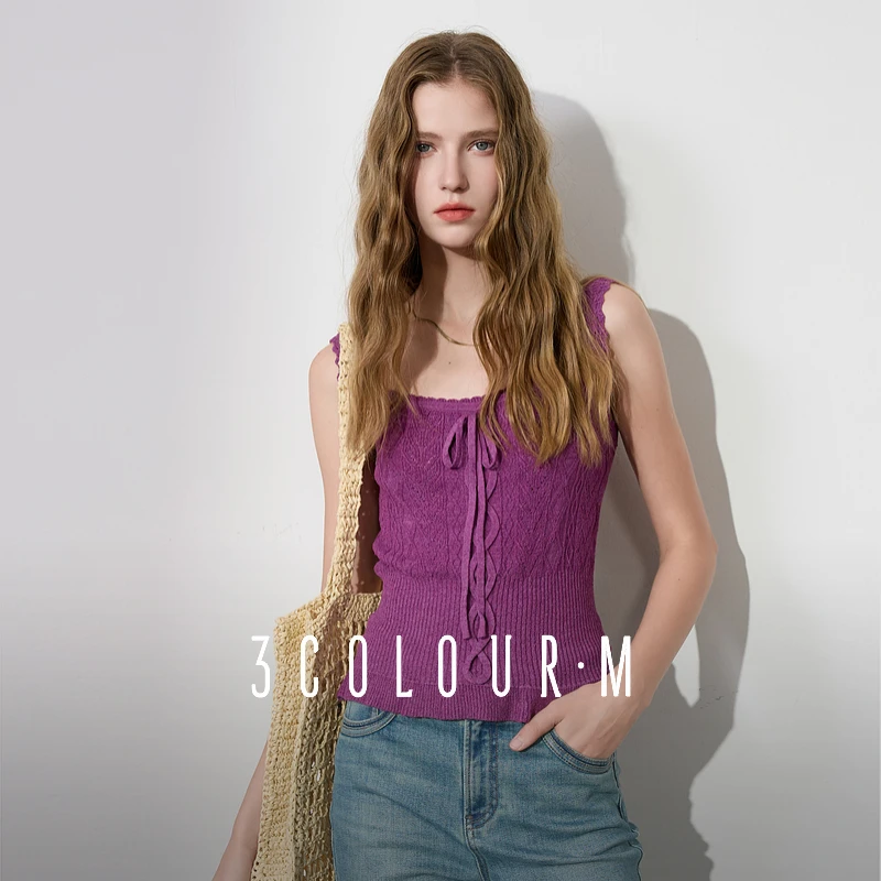 三彩2025夏秋季新款系带方领修身短款针织衫无袖套头毛衫外穿女M