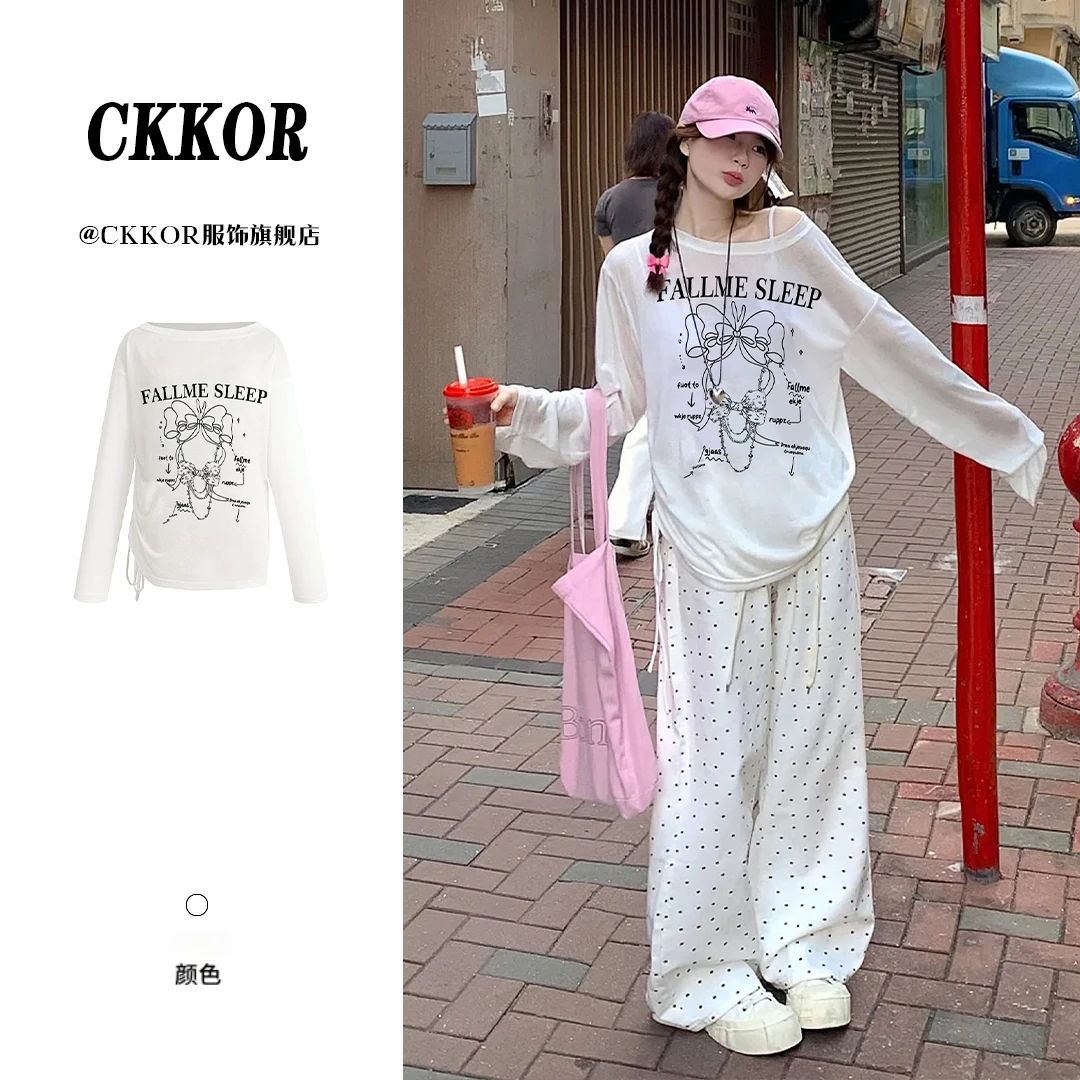 CKKOR夏季斜肩长袖t恤女防晒罩衫时尚百搭休闲小众高级感印花上衣
