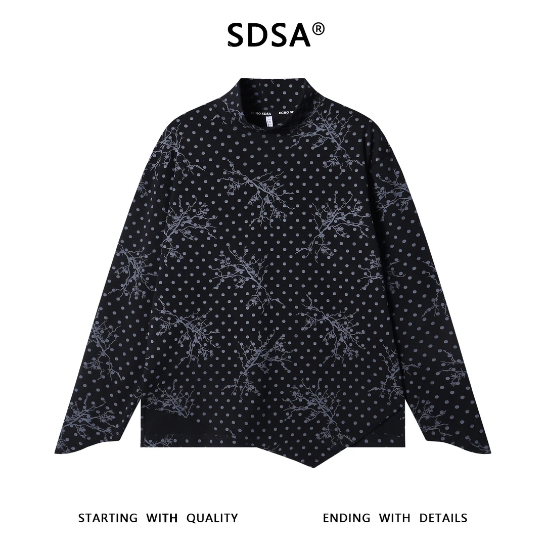 SDSA秋冬痞帅男装简约撞色波点半高领长袖T恤下摆不规则设计百搭