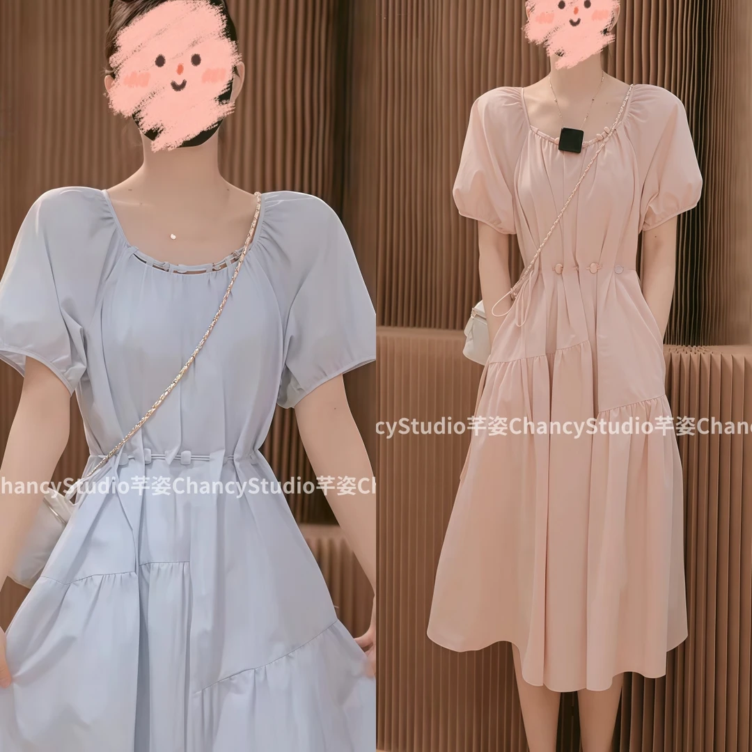 洋气衣服女2025夏季新款设计感气质裙子显瘦圆领泡泡袖收腰连衣裙