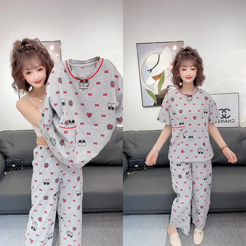 韩版卡通HelloKiitty睡衣春夏大码宽松短袖学生可外穿家居服套装