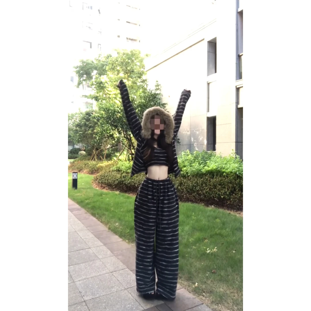毛领条纹拉链连帽外套卫衣女秋季新款吊带长裤三件套可外穿家居服