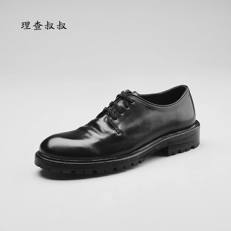 理查叔叔男款高端马皮暗黑风格休闲做旧皮鞋固特异防滑耐磨德比鞋