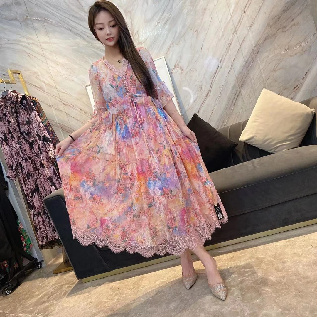 真丝连衣裙2025年夏季新款V领钉珠彩虹桑蚕丝连衣裙 粉色 15079