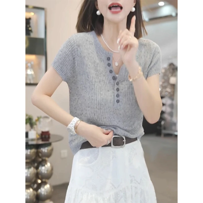霖优2025夏季新款灰色正肩短袖针织衫V领毛衫短款修身显瘦上衣女