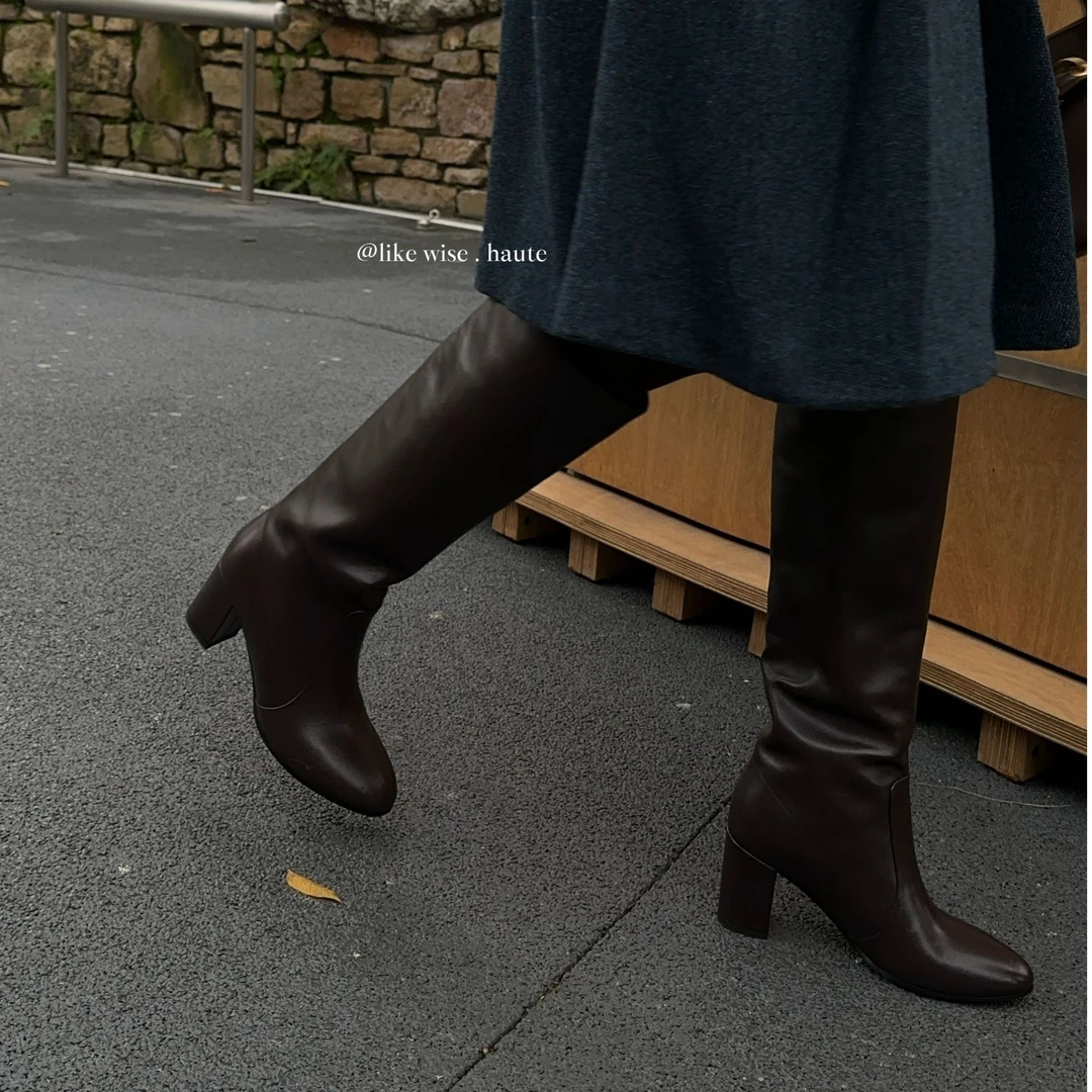 LIKE WISE HAUTE ·6.5cm小圆头粗跟皮质百搭真皮时尚高跟长靴