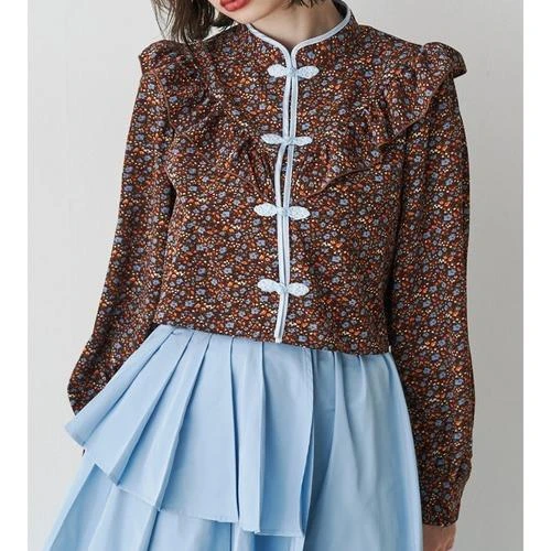 日单新款 短款 中国风 盘扣 碎花 荷叶边 衬衫上衣53X