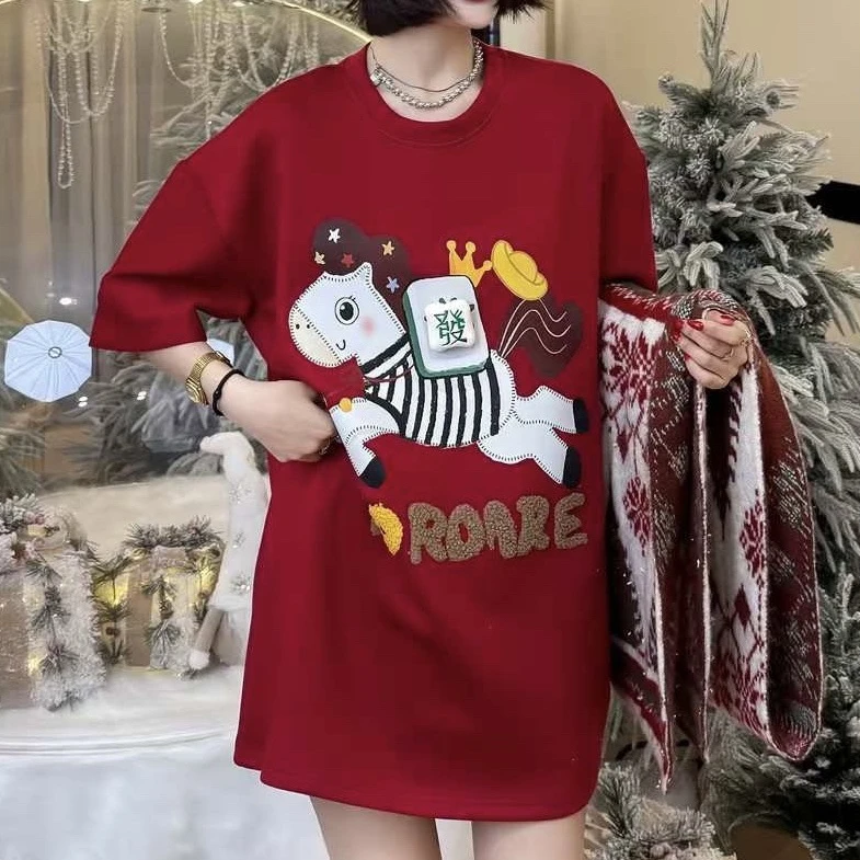 红色圆领小马印花发大码女装宽松显瘦遮肉百搭休闲短袖T恤上衣t恤