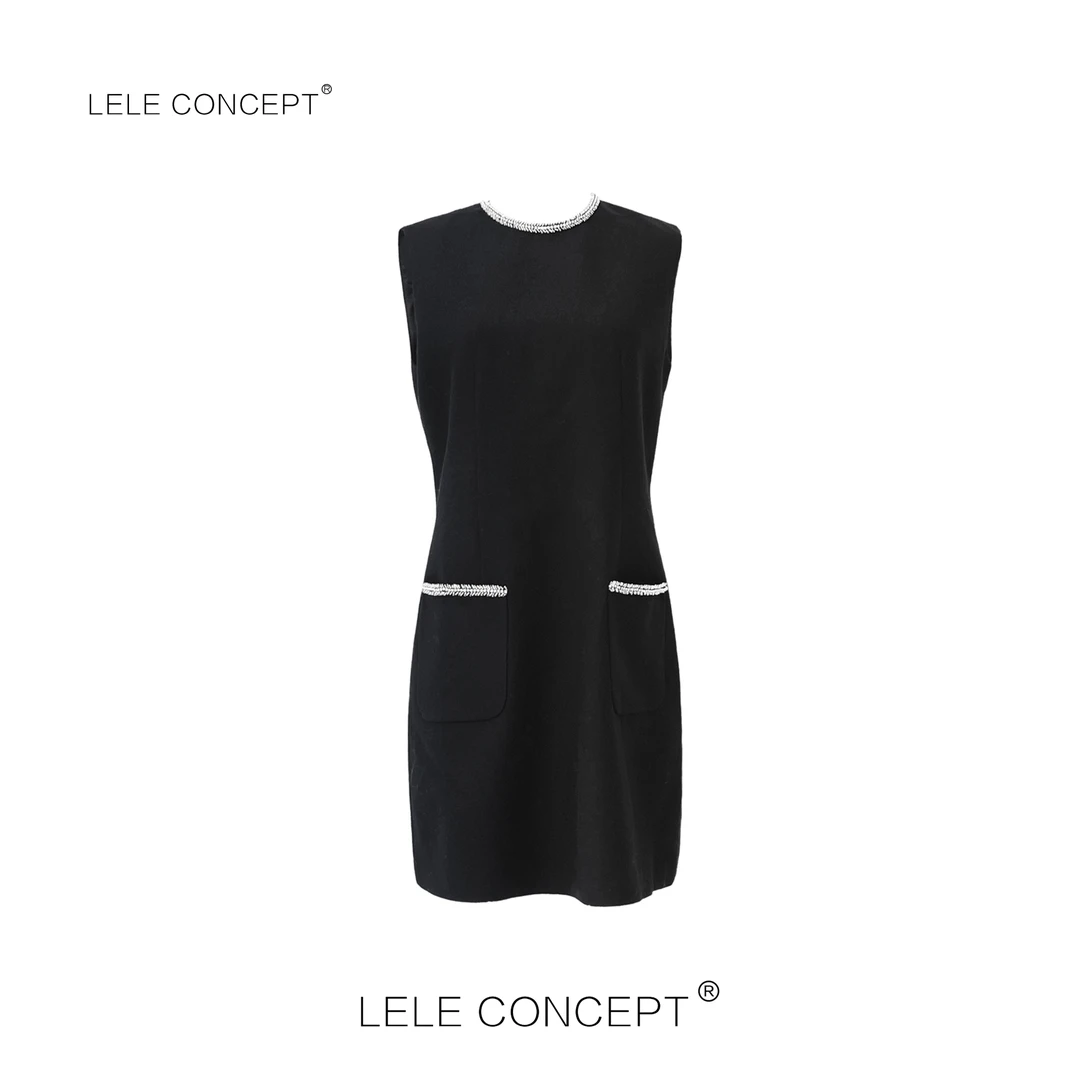 LELE CONCEPT丨「夭夭」时尚高级感钉珠无袖双兜连衣裙Q0430