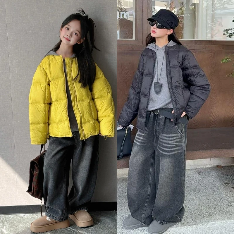 女童2025新款休闲宽松圆领棉服外套百搭冬装轻薄款保暖夹棉衣套装